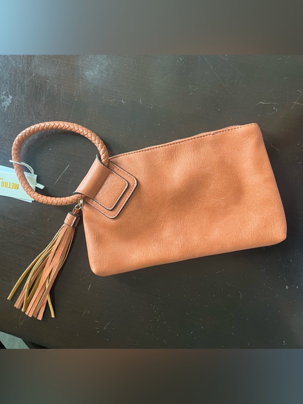 METROstyle Tan Braided Handle Wristlet Clutch with Tassel